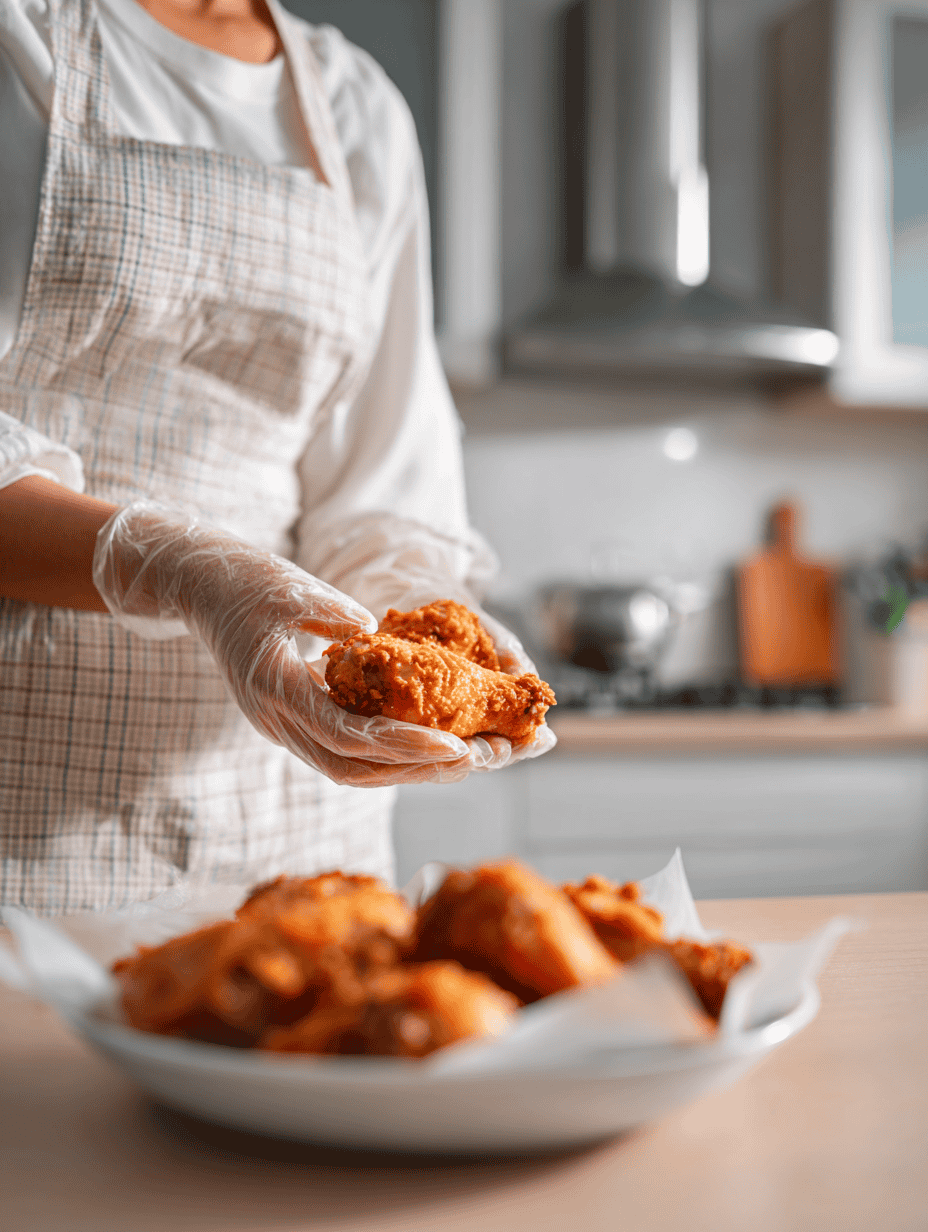 A chef seasoning a chicken dish